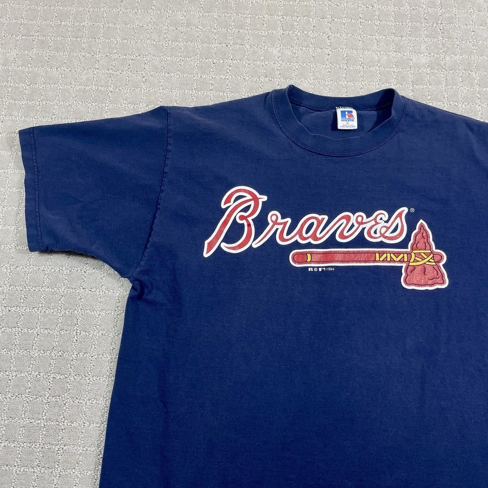 VTG 1994 Atlanta Braves MLB Baseball Sz XL Navy Russell Tomahawk Logo 90s Tshirt - Picture 3 of 5